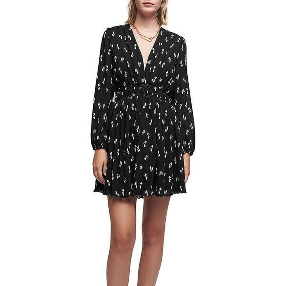 Maje Rionana Long Sleeve V Neck Bow Print LBD Mini Dress Black & White 42 US XL